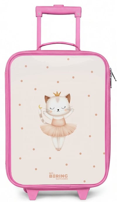 NoBoringSuitcases.com® - Kinderkoffer roze - Kindertrolley meisje - Ballerina kitten in beige kleuren - Koffer kind lichtgewicht - Reiskoffer trolley voor kinderen - Koffertje met lichtgevende wieltjes - Rolkoffer