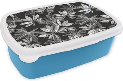 Broodtrommel Blauw - Lunchbox - Brooddoos - Zwart - Wit - Patronen - Bladeren - Natuur - 18x12x6 cm - Kinderen - Jongen