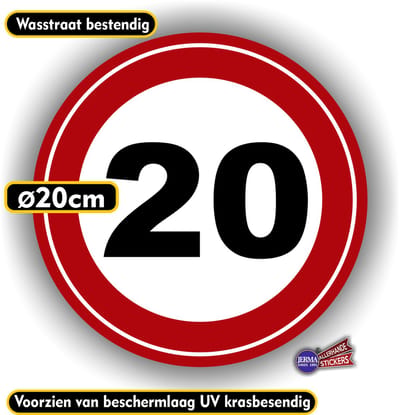 Jerma - Maximumsnelheid - 20 km/h - Sticker - Ø 20 cm - Zelfklevend - Vinyl - Weerbestendig - Krasvrij