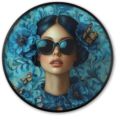 Poster in lijst Rond - Fotolijst 60x60 cm - Posters - Vrouw - Bloemen - Vlinders - Blauw - Abstract - Ronde posterlijst zwart - Decoratie - Wanddecoratie woonkamer - Muurdecoratie slaapkamer