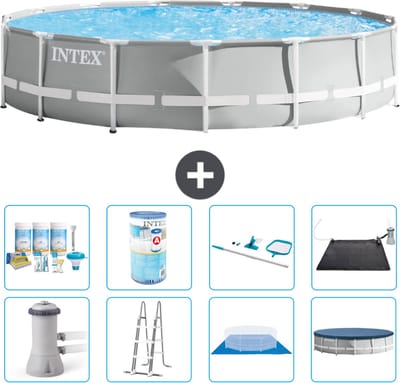 Intex Rond Prism Frame Zwembad - 457 x 107 cm - Grijs - Inclusief Pomp - Ladder - Grondzeil - Afdekzeil Onderhoudspakket - Filter - Schoonmaakset - Solar Mat