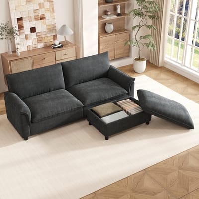 STILVORA Hoekbank 216 x 77 x 82 cm - Met Verplaatsbare Hocker En Opbergruimte - Voor Woonkamer - Chenille - Zwart