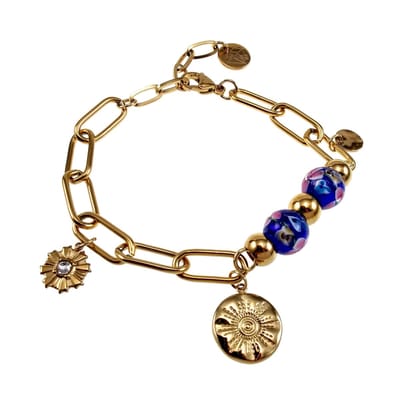 16cm tot 20cm Armband Dames - Verguld RVS - Paperclipschakel Armband met Marineblauwe Murano-Glaskralen met Bloemen- Verstelbaar
