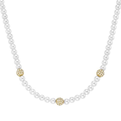Giorgio Martello schelp parel collier | ketting 45 cm., 925/- sterling zilver geelgoud vergulde zirkonia bolletjes.