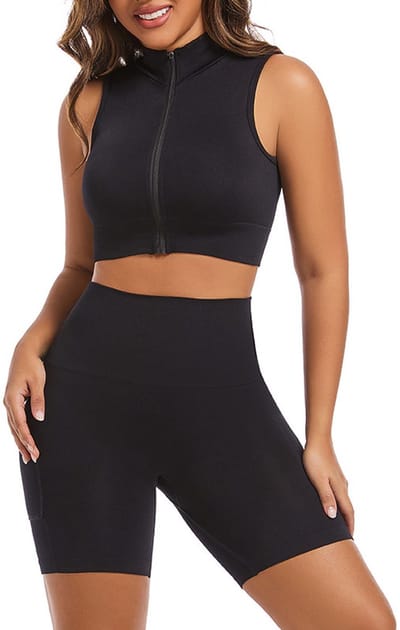 Vrouwen Yoga Set - Naadloze Sportkleding met Rits Top & High Waist Shorts met Zakken - Ademend en Elasticiteit voor Fitness, Hardlopen en Dagelijks Gebruik - Zwart pak - MaatS