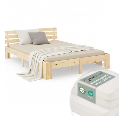 Homestyle4u Tweepersoonsbed - 180x200 cm - met Matrassen en Lattenbodem - Natuur