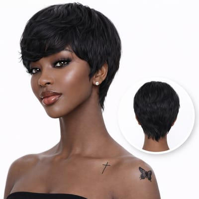 SassyGoods Zwarte Pruik Human Hair Pixie 100% Echt Haar Wig - Pruiken Dames Kort Haar - Verstelbaar - Wasbaar - Kleur 1B - 20 cm