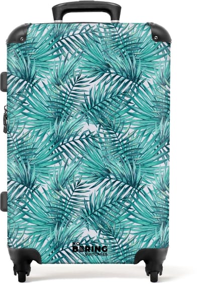 NoBoringSuitcases.com - Grote koffer - Palm bladeren patroon licht blauw - Kinderkoffer geschikt voor jongen en meisjes - Reiskoffer met 4 wielen - Trolley op wieltjes - Rolkoffer groot kinderen - 72 liter - Ruimbagage valies 20kg