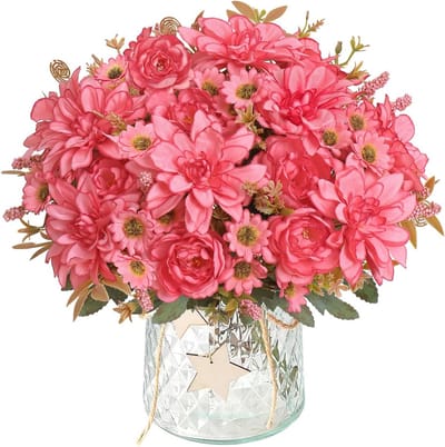 PromoHome 4 stuks kunstbloemen boeket - Roze Dahlia's & Pioenrozen - Zijde bloemen voor vaas - Decoratie voor bruiloft, feest, tafelstuk - Binnen & buiten