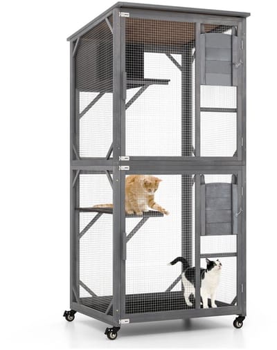 Kattenhuis - Voor buiten - Hok - Kooi - Bench - Ren - 2 verdiepingen - duurzaam - 80L x 70B x 182H cm - Grijs
