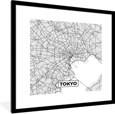 Fotolijst incl. Poster - Tokyo - Stadskaart - Zwart Wit - Plattegrond - Kaart - 40x40 cm - Posterlijst