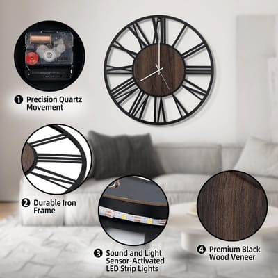 Grote Wandklok 60CM voor Woonkamer op Batterijen, Stil Geen Tikkend Geluid, Hout Metaal Stijl, Moderne LED Slaapkamer/Kantoor (Romeinse Cijfers, Zwart-24")