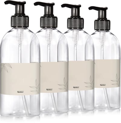 Oputec 4 x 500 ml zeeppompjes – transparante kunststof flessen met pomp & etiketten – navulbaar & lekvrij