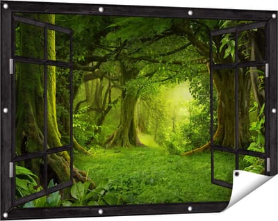 Gards Tuinposter Doorkijk Groene Tropische Jungle Bos - 120x80 cm - Tuindoek - Tuindecoratie - Wanddecoratie buiten - Tuinschilderij