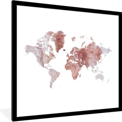 Fotolijst incl. Poster - Wereldkaart - Rood - Grijs - 40x40 cm - Posterlijst
