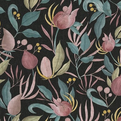 Bloemen behang Profhome 790622-GU vliesbehang hardvinyl warmdruk in reliëf licht gestructureerd met bloemmotief mat zwart oudroze pastelblauw olijfgeel 5,33 m2