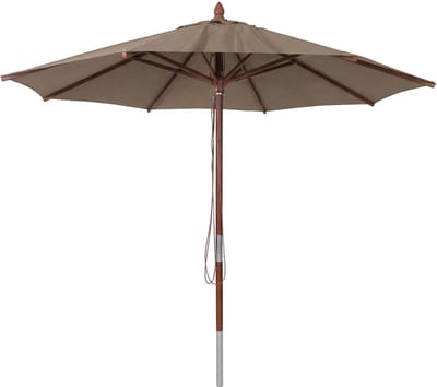 Horeca-parasol van hout MCW-C57b, tuinparasol, polyester/hout 14 kg, rond Ø 3 m, met trekkoord, schokbestendig ~ taupe