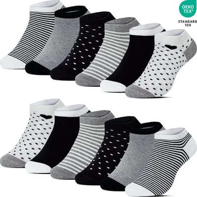 12 Paar Dames Sneakersokken Enkelsokken - Gestreept - Hartjes - Stippels - Casual Daily - Fashion Sokken - Katoen - Maat 35-38 - Zomersokken B-6302