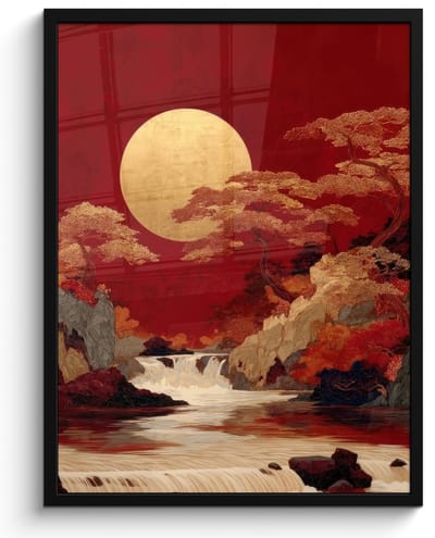 Poster in lijst - Fotolijst 60x80 cm - Posters - Volle maan - Landschap - Waterval - Posterlijst zwart - Decoratie - Wanddecoratie woonkamer - Muurdecoratie slaapkamer