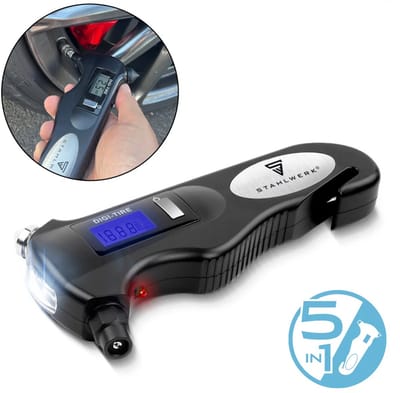 STAHLWERK 5-in-1 bandenspanningsmeter met LED-lampje | digitale luchtdrukmeter | gordelsnijder | noodhamer | werklamp | multifunctionele luchtdrukmeter voor auto's, fietsen, auto's