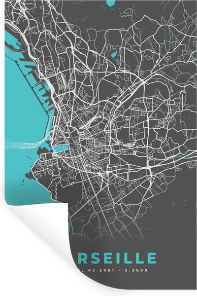 Muurstickers - Sticker Folie - Marseille - Frankrijk - Plattegrond - Stadskaart - Kaart - 20x30 cm - Plakfolie - Muurstickers Kinderkamer - Zelfklevend Behang - Zelfklevend behangpapier - Stickerfolie