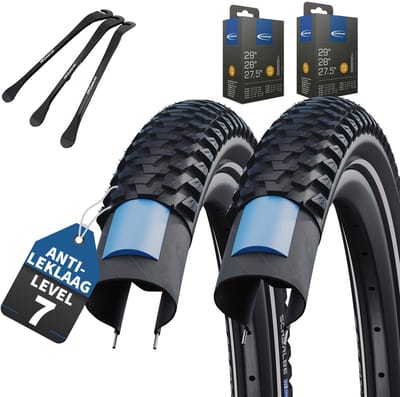 2-delige Set Schwalbe Fietsbanden Marathon Plus MTB 29 inch x 2,25 (57-622) buitenband + Hollands/Dunlop ventiel binnenband en 3 metalen MSZweirad bandenlichters voor eenvoudige wisseling van banden