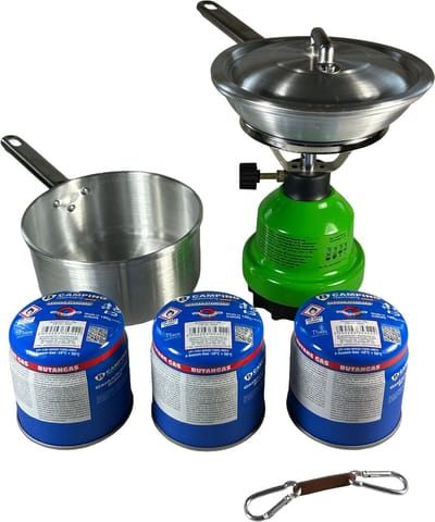 Camping Kooktoestel / Camping Gasstel – Draagbaar Gasfornuis Incl. 3x 190g Gasbussen, Aluminium Koekenpan & Steelpan – Outdoor Kookset