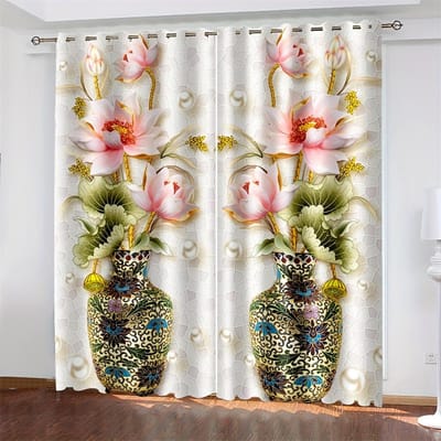 2 stuks 3D Mooie Vaas Lotusbloem Digitaal Gedrukt Gordijn Woonkamer Gordijnen Oogjes Top Gordijnen Woonkamer Kantoor Thuis (50Wx50H)x2(CM)&Grommet Top