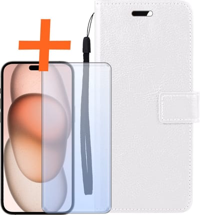 Hoes - Met Screenprotector - Geschikt voor Apple iPhone 15 - Luxe Pasjeshouder - Bookcase Portemonee - Flip Case - Kunstleer Book Case - Flipcase - Book Cover - Walletcase - PortemonneeHoes - Wit