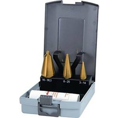 RUKO plaatschroefboorset, HSS-TiN, 3-14/5-20/16-30,5 mm, 3 spanvlakken, incl. snijpasta, kunststof koffer