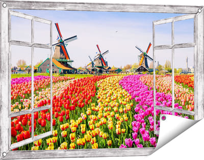 Gards Tuinposter Doorkijk Kleurrijke Tulpen Bloemenveld - Windmolen - 90x60 cm - Tuindoek - Tuindecoratie - Wanddecoratie buiten - Tuinschilderij