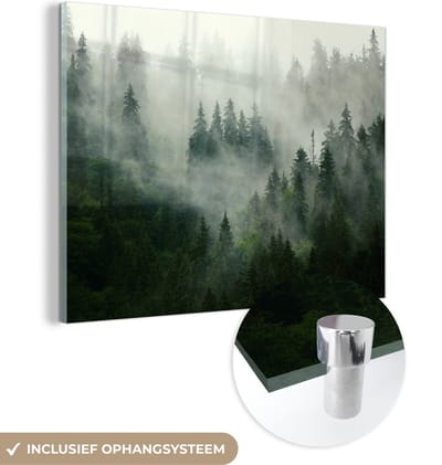 MuchoWow® Glasschilderij 120x90 cm - Schilderij acrylglas - Bos - Mist - Bomen - Natuur - Foto op glas - Schilderijen