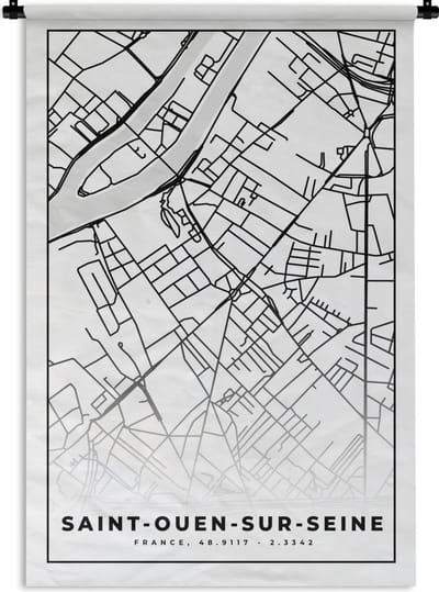 Wandkleed - Wanddoek - Plattegrond – Saint-Ouen-sur-Seine - Kaart – Frankrijk – Stadskaart - Zwart wit - 120x180 cm - Wandtapijt