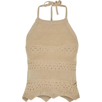 Urban Classics - Short Crochet Knit Neckholder Mouwloze top - M - Beige