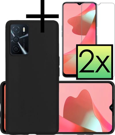 Hoesje - Met 2x Screenprotector - Geschikt voor OPPO A16s - Sterk & Shockproof - Back Cover - Siliconen Case - Telefoon Hoes - Zwart