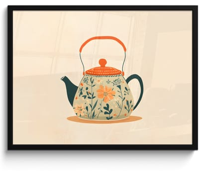 Poster in lijst - Fotolijst 70x50 cm - Posters - Oranje - Theepot - Bloemen - Bladeren - Posterlijst zwart - Decoratie - Wanddecoratie woonkamer - Muurdecoratie slaapkamer