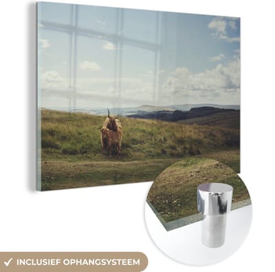 MuchoWow® Glasschilderij 120x80 cm - Schilderij acrylglas - Schotse Hooglanders - Gras - Wolken - Dieren - Foto op glas - Schilderijen