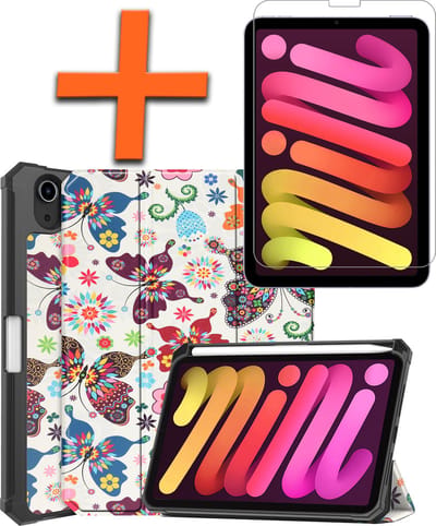 Hoesje - Geschikt voor Apple iPad Mini 6 (2021) - 8.3 inch - 6e Generatie - Met Screenprotector - Trifold Bookcase - Hard Cover Case - Met Uitsparing Geschikt voor Apple Pencil - Hardcover Book - Tablet Hoes - Vlinders