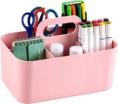 5-Vakken Organizer Mand met Handgreep – Stevige Kunststof Opbergdoos voor Afstandsbediening, Gereedschap, Make-up – Multifunctioneel voor Badkamer, Bureau, School (Roze)