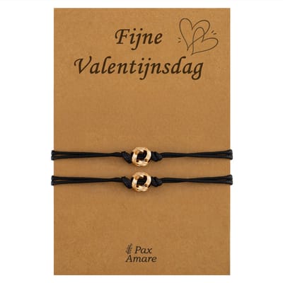 Koppel Armbandjes voor 2 "Fijne Valentijnsdag" - Knoopjes - Vriendschapsarmbandjes met Persoonlijk Cadeau Kaartje - Goudkleurig - Elastisch Verstelbaar - Pax Amare