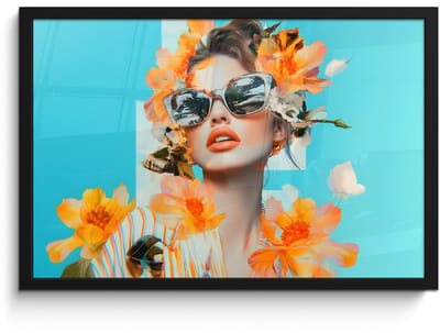 Poster in lijst - Fotolijst 60x40 cm - Posters - Bloemen - Vrouw - Zonnebril - Blauw - Posterlijst zwart - Decoratie - Wanddecoratie woonkamer - Muurdecoratie slaapkamer