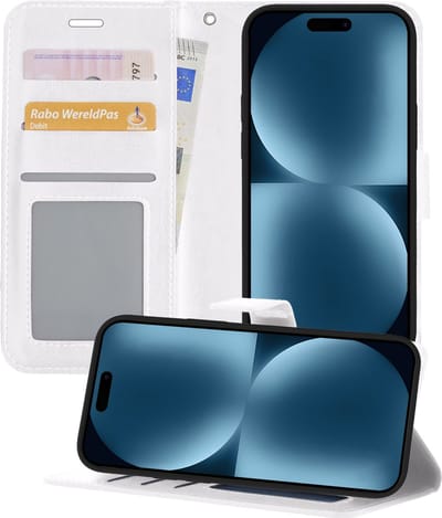 Hoesje - Geschikt voor Apple iPhone 15 - Luxe Bookcase - Walletcase Hoes - Portemonnee - Cover - Telefoonhoes - Wit
