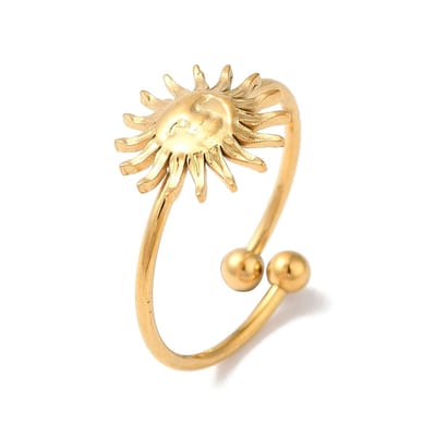 Ring stainless steel met zon, bohemian vintage style, one size ring, goudkleurig, waterproof, verstelbare ring, cadeau