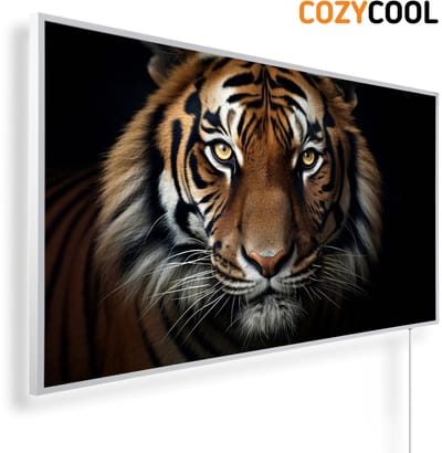 Infraroodpaneel met afbeelding | Tijger op zwarte achtergrond | 1200 Watt | Witte lijst | Infrarood verwarmingspaneel | Infrarood paneel | Infrarood verwarming