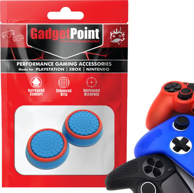Gadgetpoint - Thumb Grips voor PlayStation, PS5, Xbox X/S, One & Switch Pro Controller - Gaming Thumbgrips - Performance Anti-Slip Thumbsticks - Bescherming Accessoires - Blauw met rode cirkel