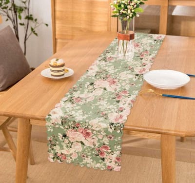 Bedrukt Velvet Textiel Tafelloper - 45x260- Pastel roze bloemen - Tafelkleden - Tafellaken