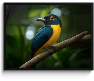 Poster in lijst - Fotolijst 70x50 cm - Posters - Vogel - Tak - Geel - Bladeren - Posterlijst zwart - Decoratie - Wanddecoratie woonkamer - Muurdecoratie slaapkamer