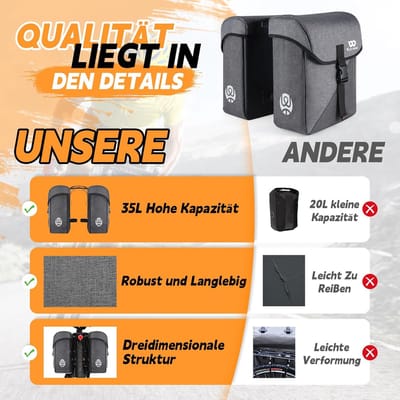 SnelShoppen - Dubbele Fietstas 35L Waterdicht met Regenbescherming voor E-bike, MTB, Racefiets - Ideaal voor Fietstochten, Camping en Dagelijkse Gebru