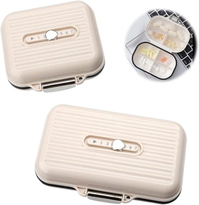 Pack of 2 Pill Box - Tablet Box - Pill Organiser - Handy Medicine Box voor Reizen en Dagelijks Gebruik (Large + Small Beige)