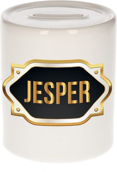 Spaarpot met voornaam Jesper - wit - met goud/zwart embleem - 8 x 9 cm - keramiek - met afsluitdop - cadeau verjaardag